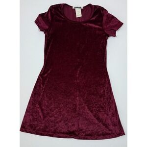 Vintage 90s Crushed Velvet Mini Dress Wine Burgundy Short Sleeve A-Line Medium‎